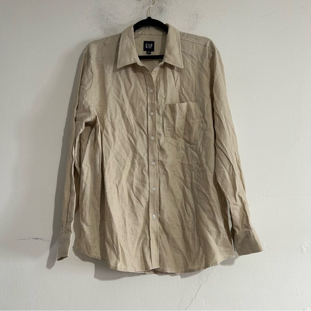 Gap Linen Rayon Button Down Shirt Khaki Tan XL Coastal Preppy Neutral Euro